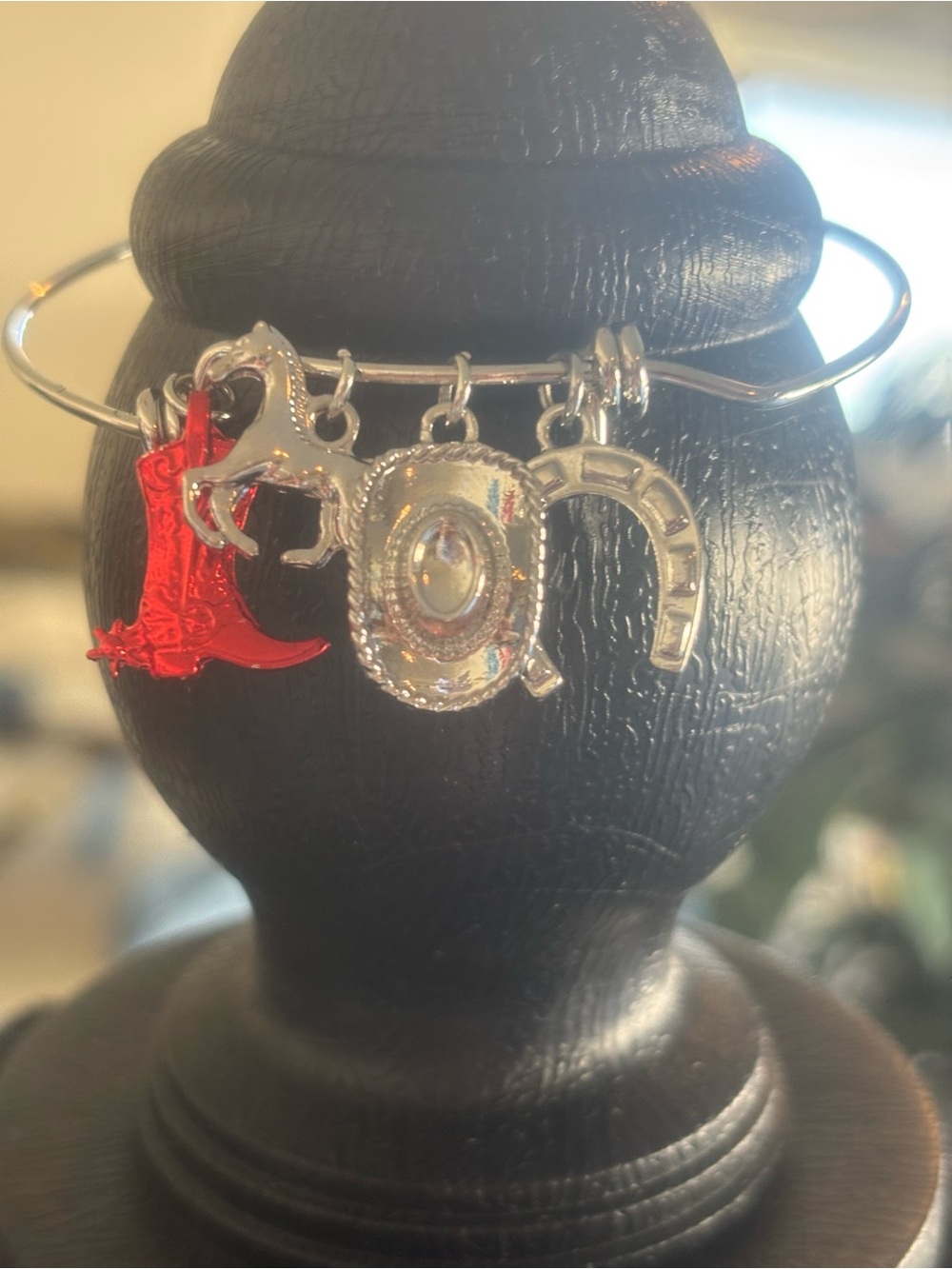 Silver Western Charm Bangle Bracelet with Red Cowboy Boot